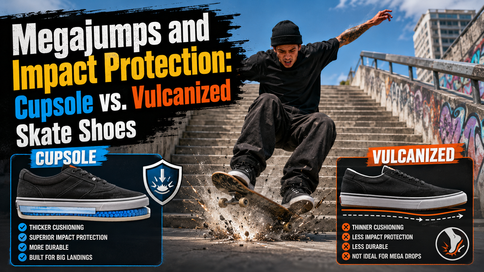 Megajumps and Impact Protection: Cupsole vs. Vulcanized Skate Shoes