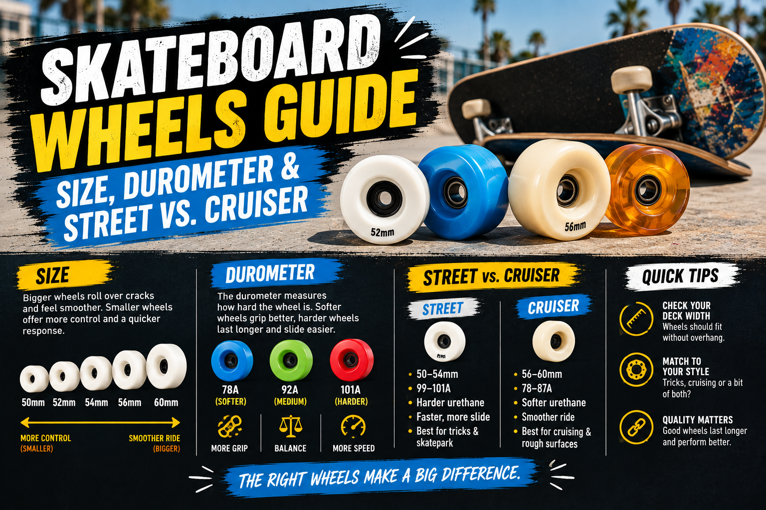 Skateboard Wheels Guide: Size, Durometer & Street vs. Cruiser