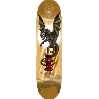 Gold foil skateboard deck with dragon graphic and red hydrant, 8.4 in