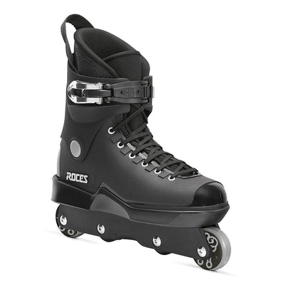 Roces black aggressive inline skate, lace-up boot with UFS frame (front)